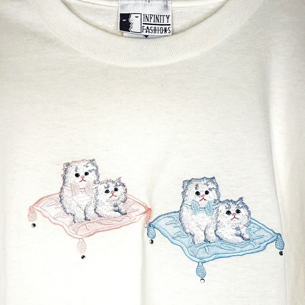 Deadstock Vintage Cat Kitten Embroidered Shirt XL